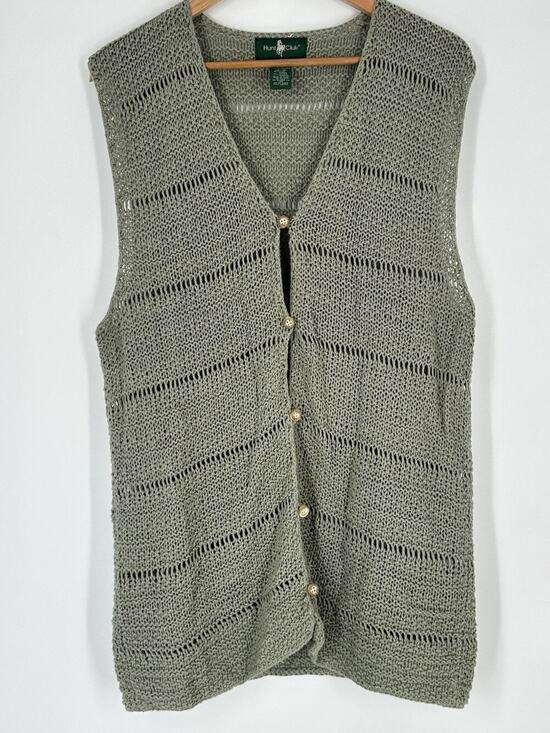 Hunt Club Sweaters - VTG 90s Y2K Sage Green Crochet Boho Cardigan Vest Cottage Grandma XL Hunt Club